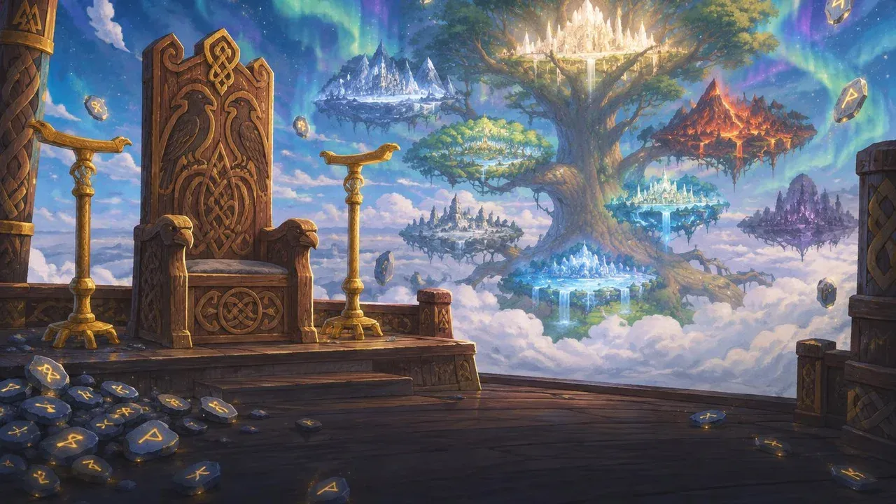 El trono de Odín, Hlidskjalf, ante Yggdrasil y los nueve mundos bajo la aurora boreal